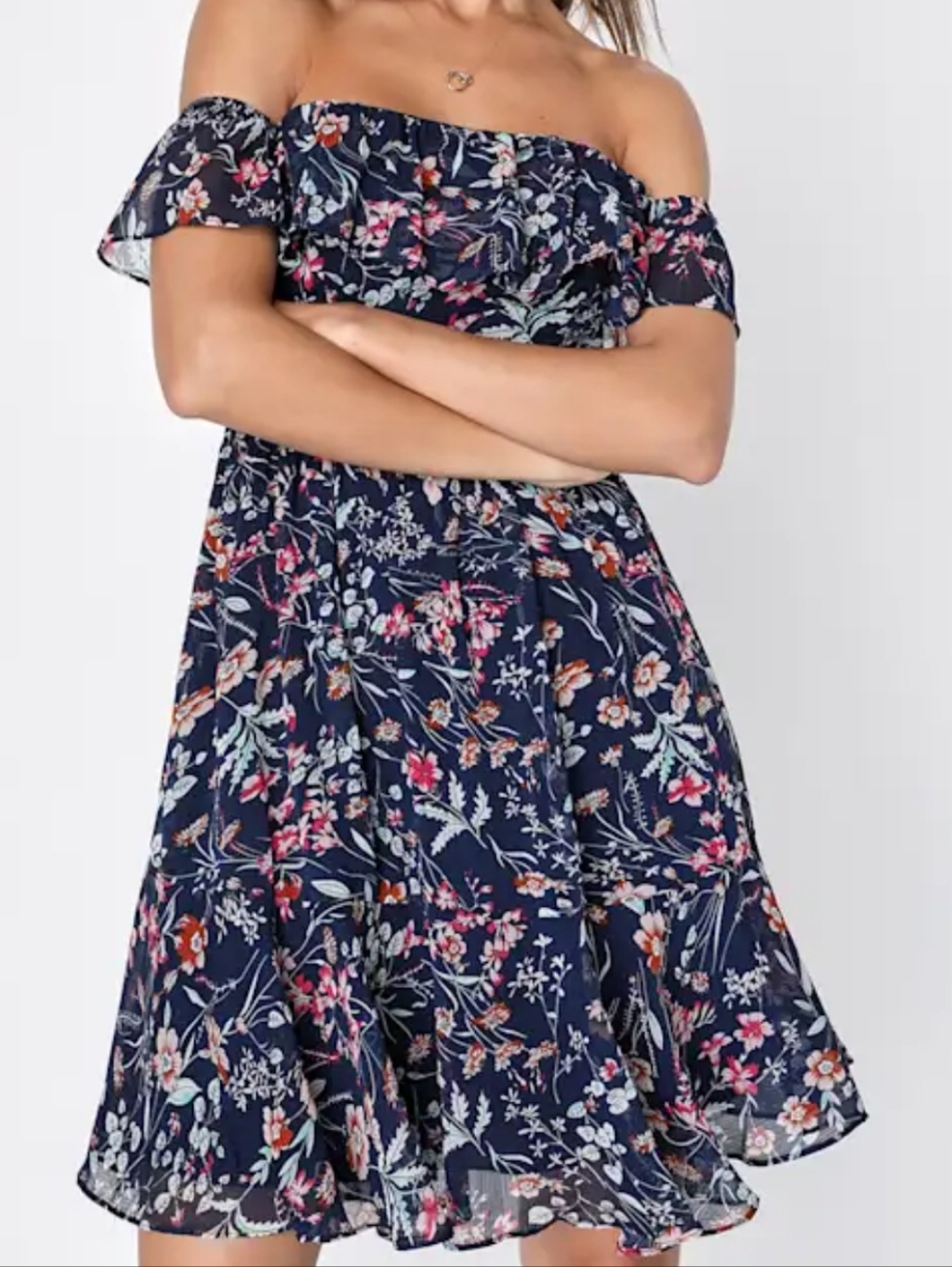Lulus My Favorite navy floral off-shoulder mini sun dress